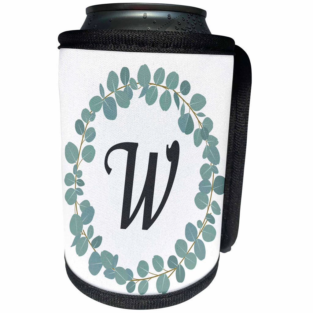 3dRose Janna Salak Designs Monogram Collection - Letter W Monogram Eucalyptus Leaves Wreath Elegant Greenery - Can Cooler Bottle Wrap (cc_261605)