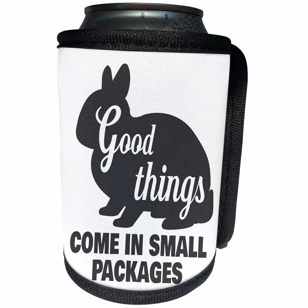 3dRose Janna Salak Designs Text Art - Netherland Dwarf Rabbit Good Things Come in Small Packages - Can Cooler Bottle Wrap (cc_261642)