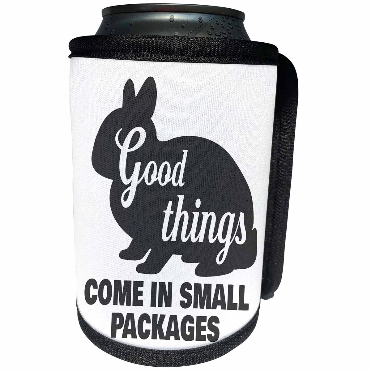 3dRose Janna Salak Designs Text Art - Netherland Dwarf Rabbit Good Things Come in Small Packages - Can Cooler Bottle Wrap (cc_261642)