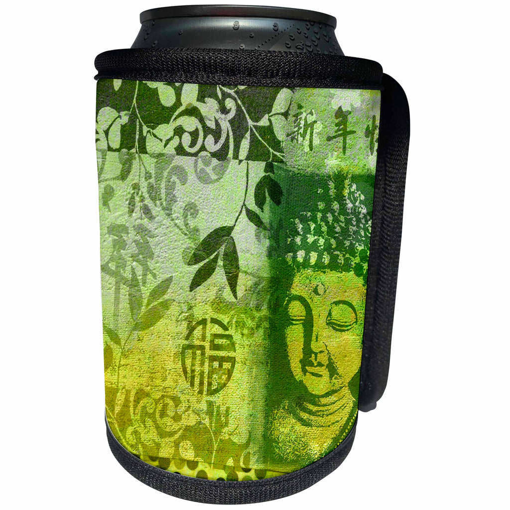 3dRose Andrea Haase Illustration Zen Buddha - Mixed media art Buddha and Chinese calligraphy in shades of green - Can Cooler Bottle Wrap (cc_261649)