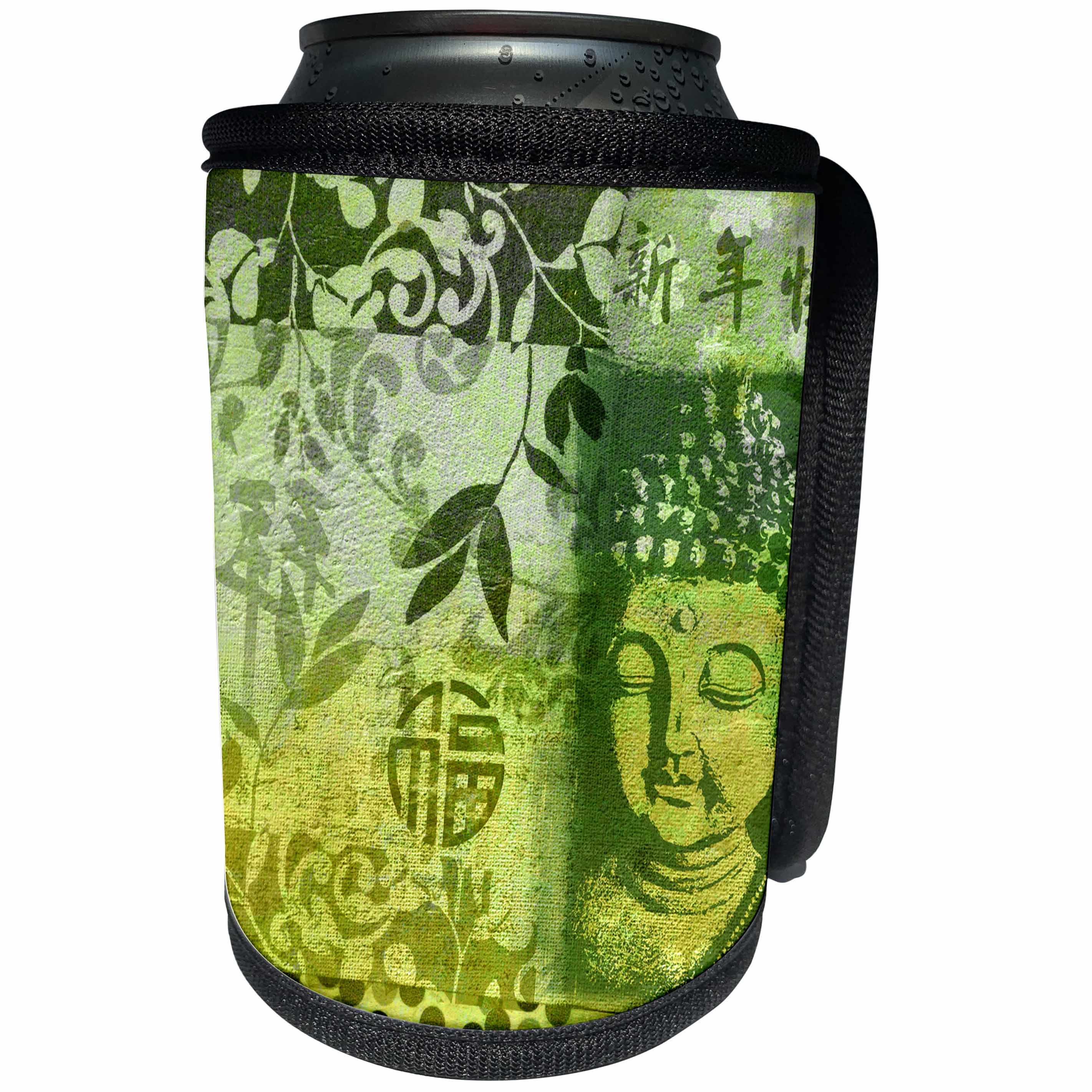 3dRose Andrea Haase Illustration Zen Buddha - Mixed media art Buddha and Chinese calligraphy in shades of green - Can Cooler Bottle Wrap (cc_261649)