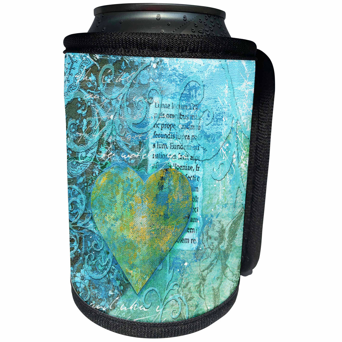 3dRose Andrea Haase Love and Hearts Art - Blue and teal collage artwork with heart and typography elements - Can Cooler Bottle Wrap (cc_261654)