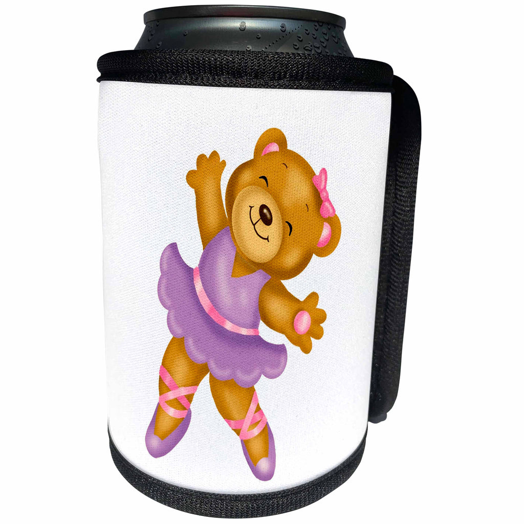 3dRose Russ Billington Nursery Designs - Cute Ballerina Baby Bear with Purple Outfit and Pink Ribbon - Can Cooler Bottle Wrap (cc_261699)