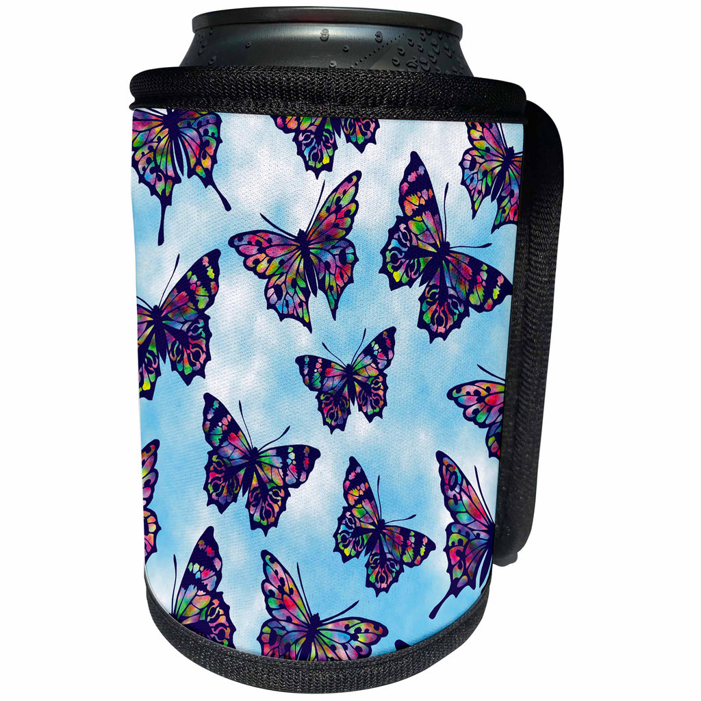 3dRose Russ Billington Patterns - Stained Glass Butterflies over Soft Blue Sky Pattern - Can Cooler Bottle Wrap (cc_261713)