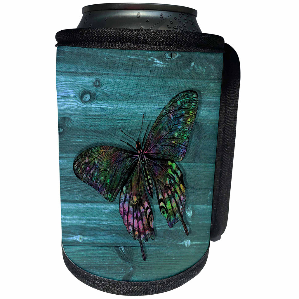 3dRose Russ Billington Designs - Pretty Butterfly Resting on Blue Weatherboard- not real wood - Can Cooler Bottle Wrap (cc_261714)