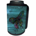 3dRose Russ Billington Designs - Pretty Butterfly Resting on Blue Weatherboard- not real wood - Can Cooler Bottle Wrap (cc_261714)