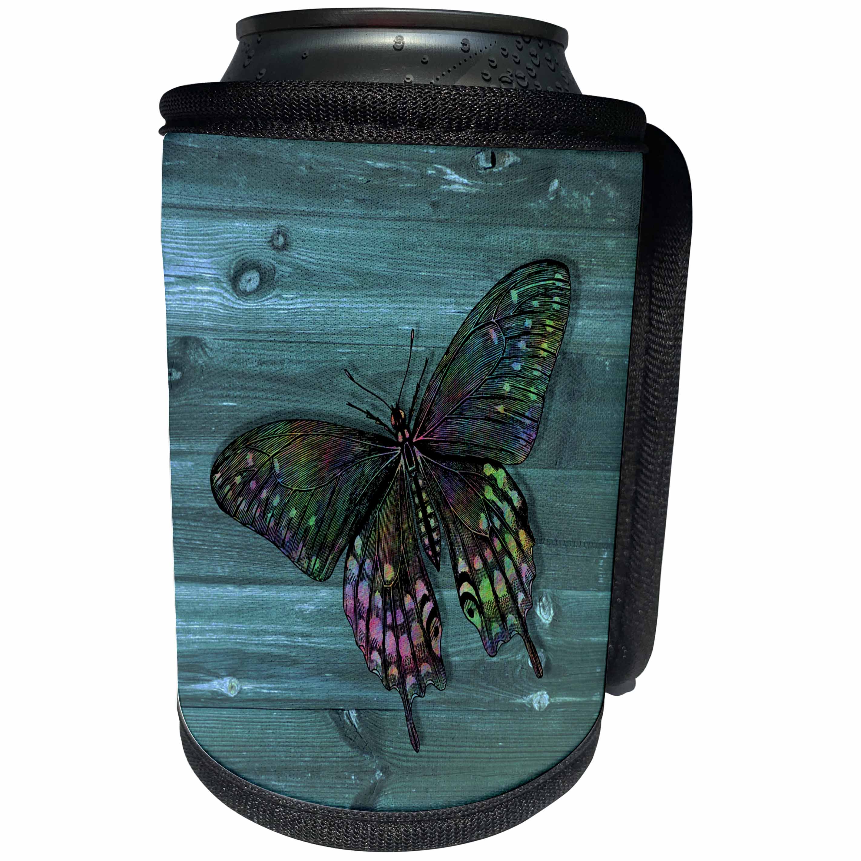 3dRose Russ Billington Designs - Pretty Butterfly Resting on Blue Weatherboard- not real wood - Can Cooler Bottle Wrap (cc_261714)