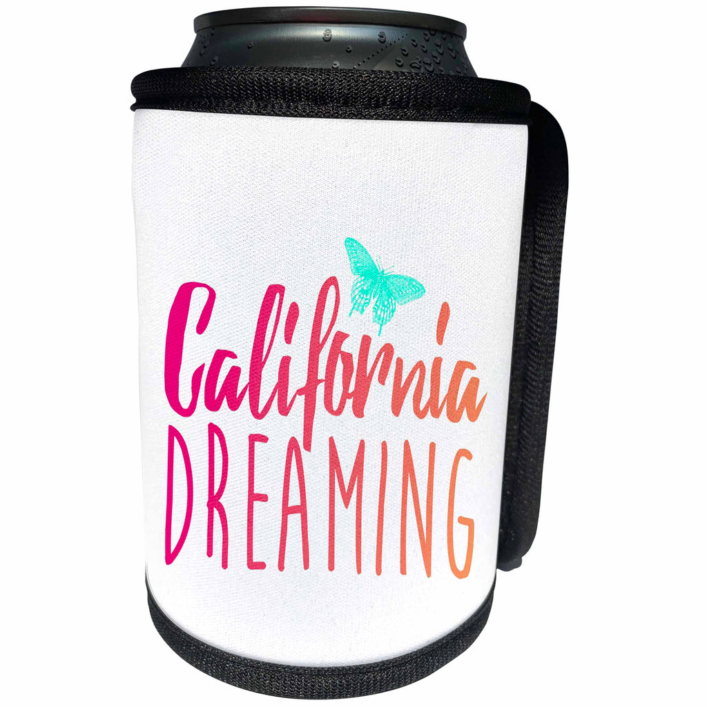 3dRose Russ Billington Designs - California Dreaming- Typographic Design in Magenta and Peach - Can Cooler Bottle Wrap (cc_261715)