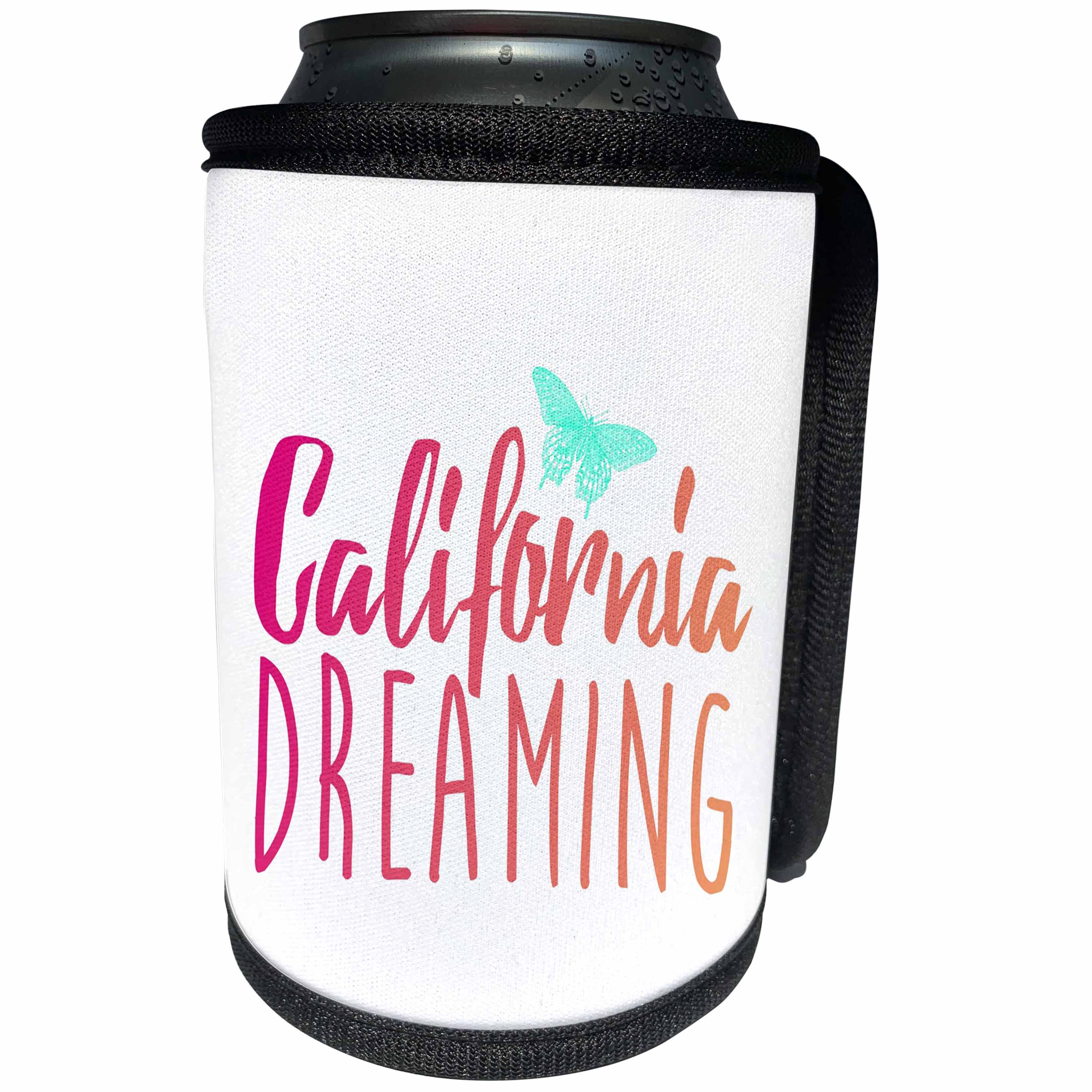 3dRose Russ Billington Designs - California Dreaming- Typographic Design in Magenta and Peach - Can Cooler Bottle Wrap (cc_261715)