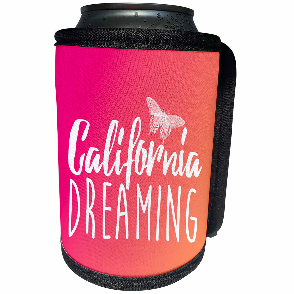 3dRose Russ Billington Designs - Typographic Design in White on Pink Background- California Dreaming - Can Cooler Bottle Wrap (cc_261716)