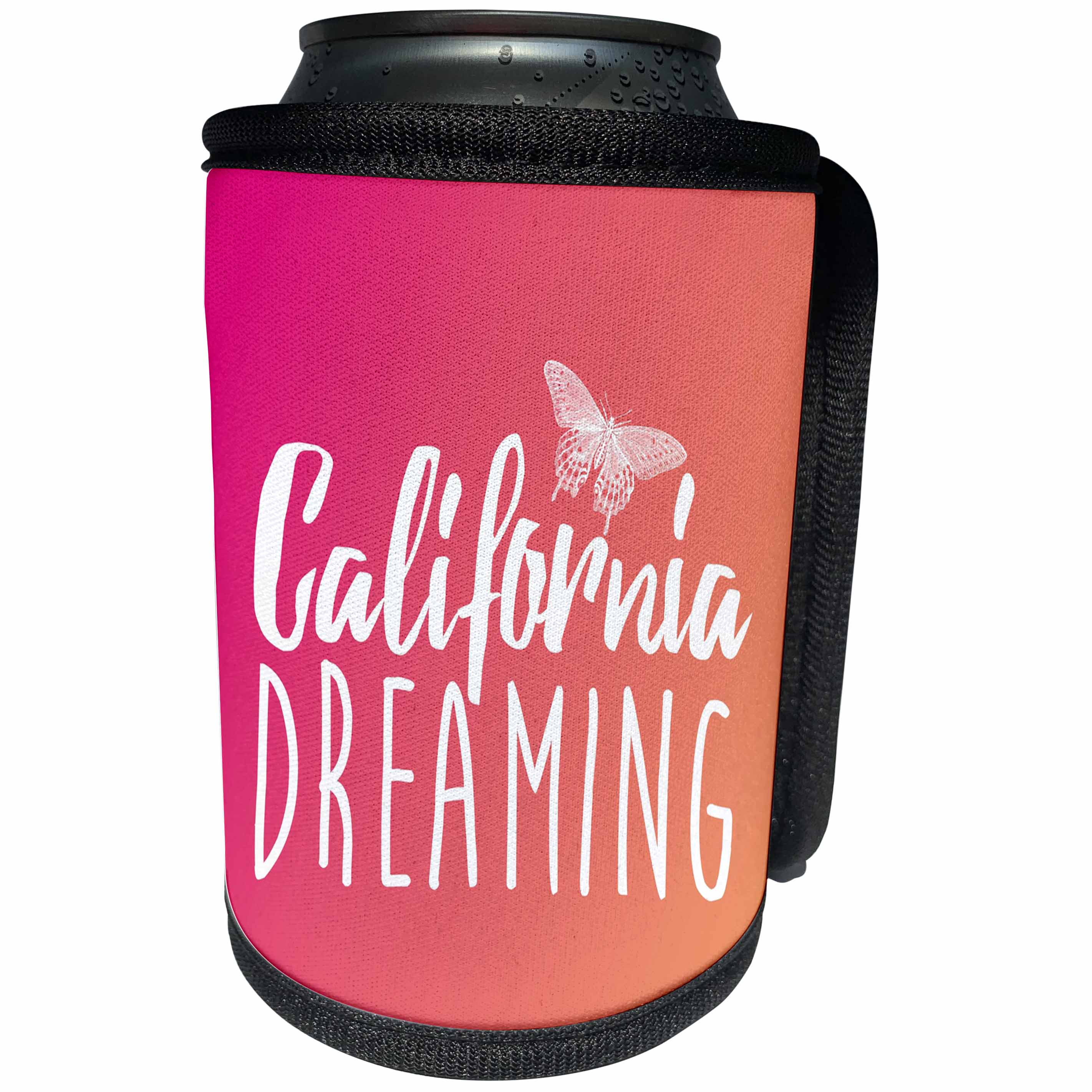 3dRose Russ Billington Designs - Typographic Design in White on Pink Background- California Dreaming - Can Cooler Bottle Wrap (cc_261716)