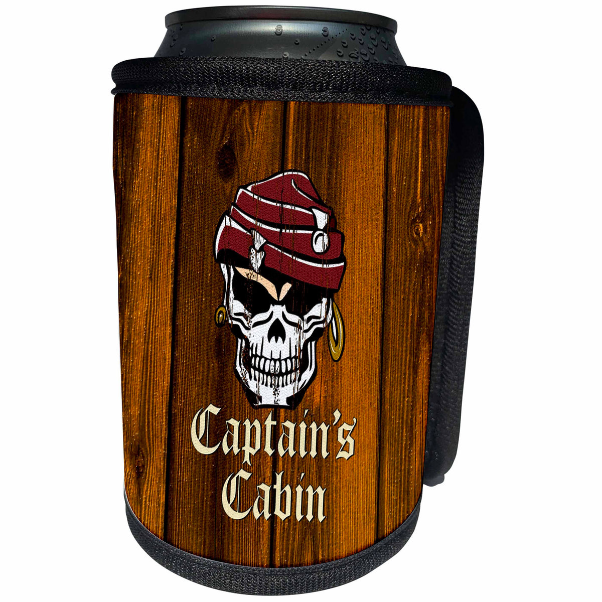 3dRose Russ Billington Nautical Designs - Pirate Skull Captains Cabin Design in Brown- not real wood - Can Cooler Bottle Wrap (cc_261718)