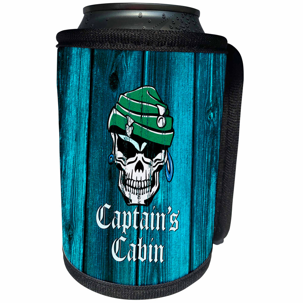 3dRose Russ Billington Nautical Designs - Pirate Skull Captains Cabin Design in Blue- not real wood - Can Cooler Bottle Wrap (cc_261719)