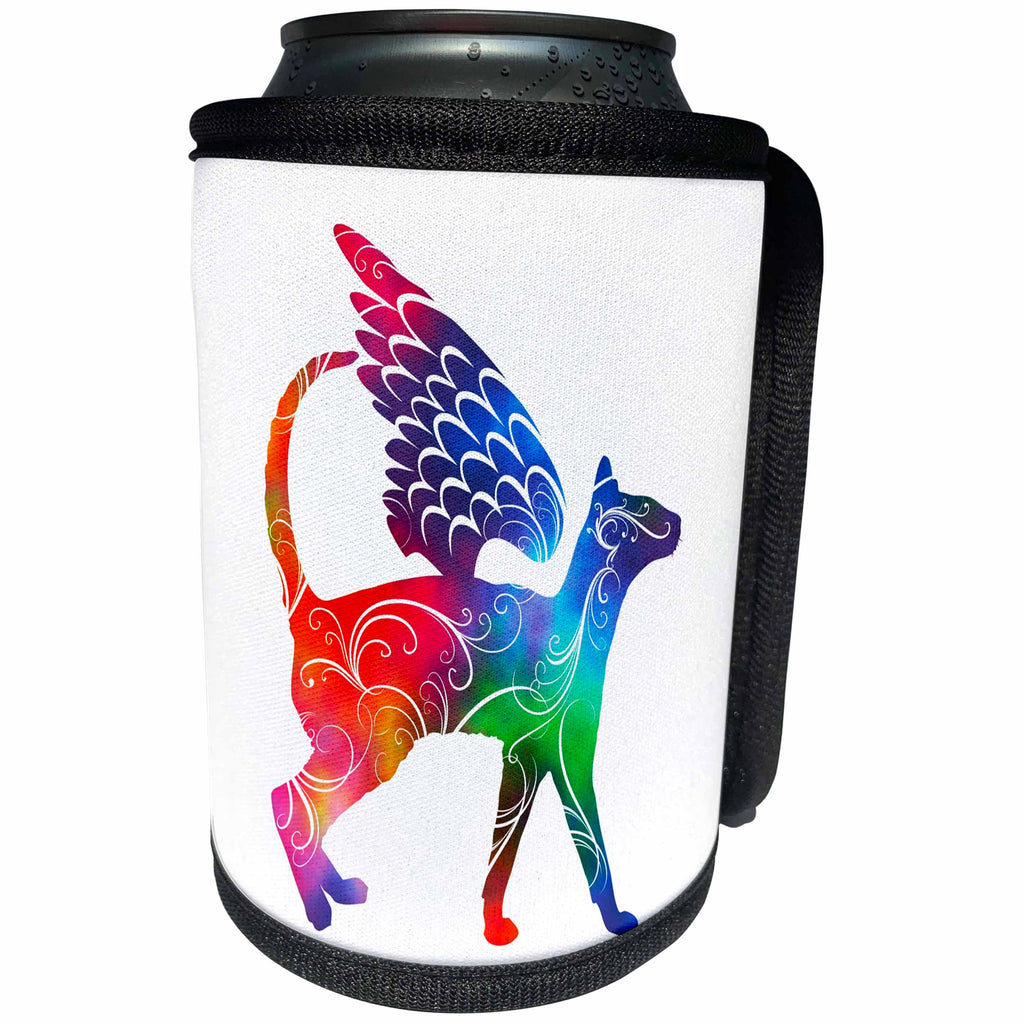 3dRose Russ Billington Designs - Beautiful Winged Rainbow Cat with White Scrolls - Can Cooler Bottle Wrap (cc_261722)