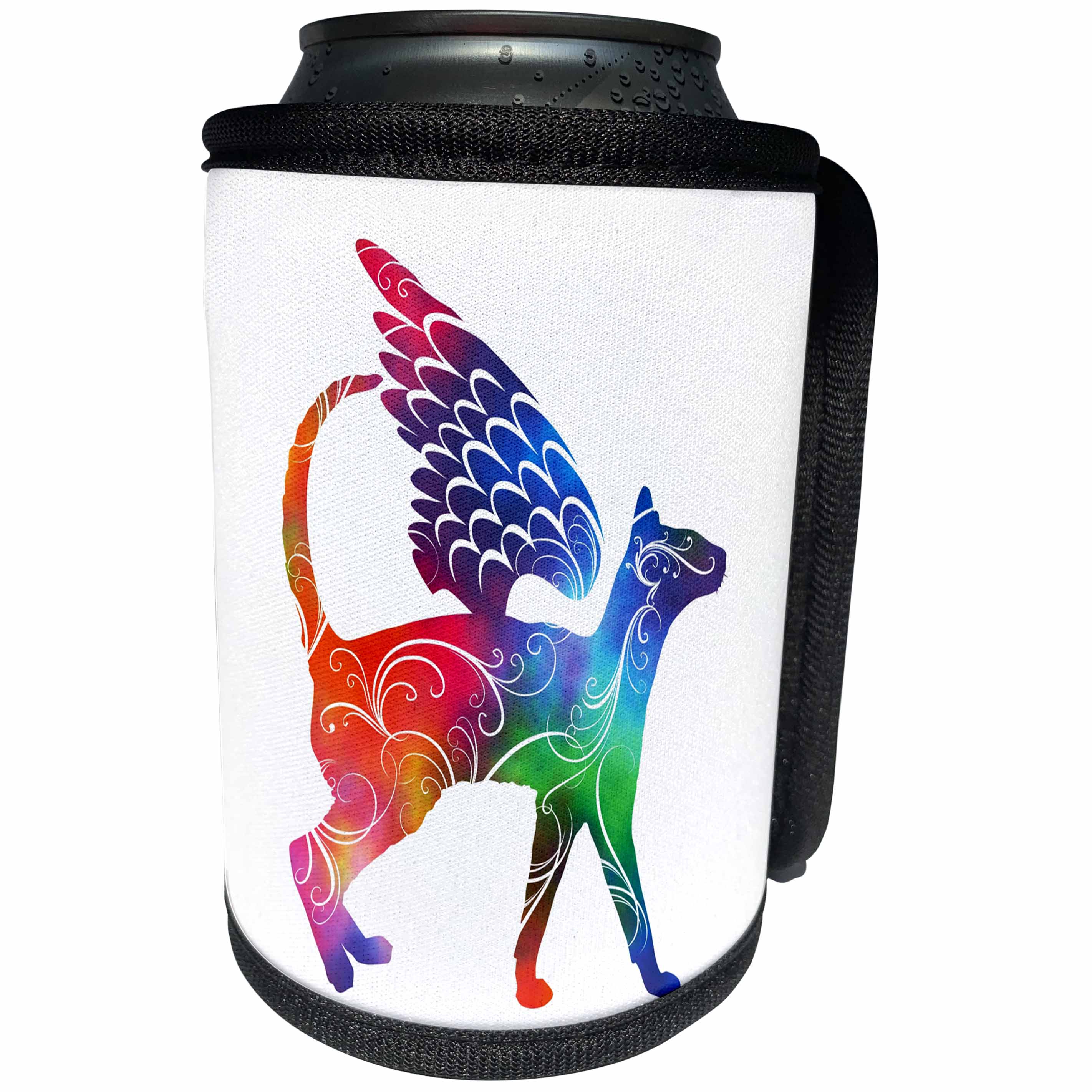 3dRose Russ Billington Designs - Beautiful Winged Rainbow Cat with White Scrolls - Can Cooler Bottle Wrap (cc_261722)