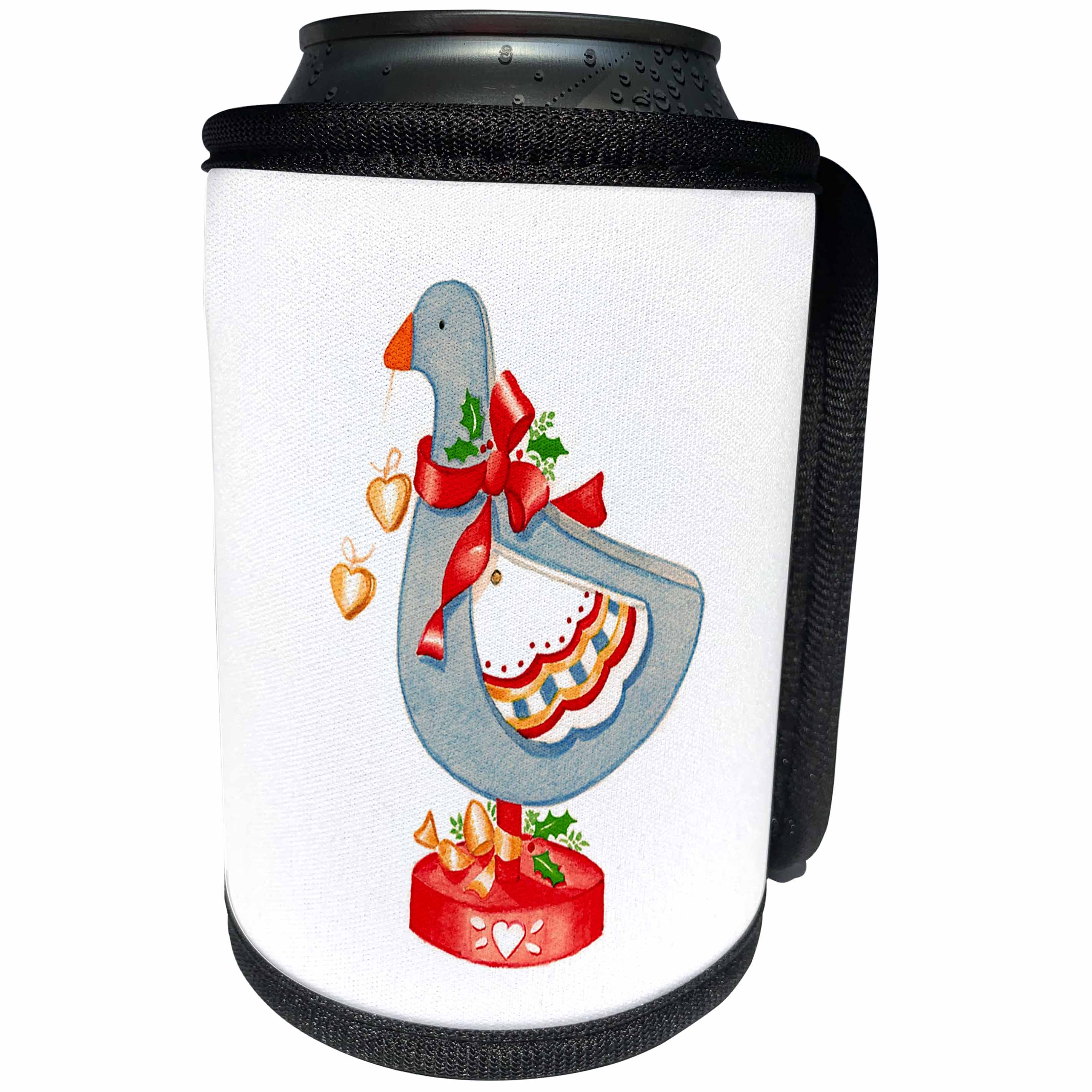 3dRose Russ Billington Christmas Designs - Christmas Toy Goose with Red Ribbons and Holly - Can Cooler Bottle Wrap (cc_261726)