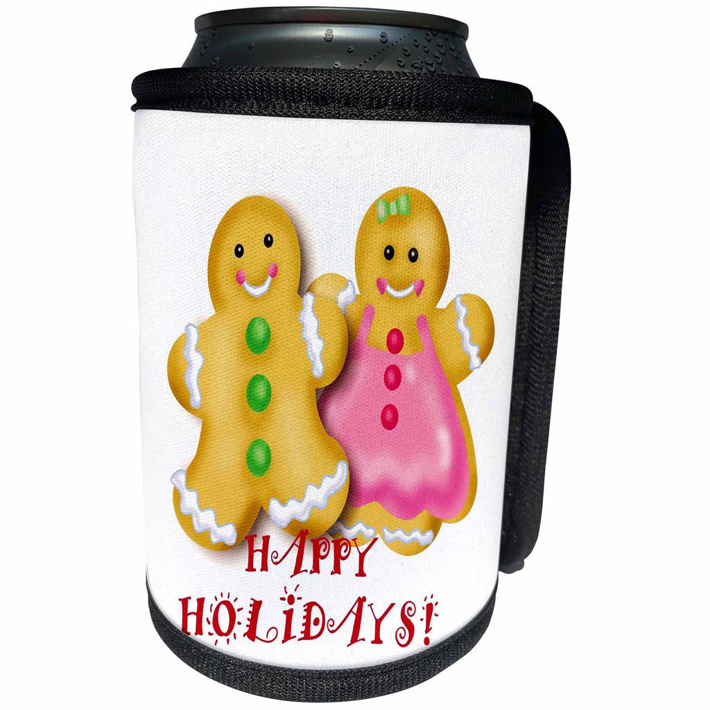 3dRose Russ Billington Christmas Designs - Happy Holidays- Gingerbread Couple with Pink and Green Frosting - Can Cooler Bottle Wrap (cc_261728)
