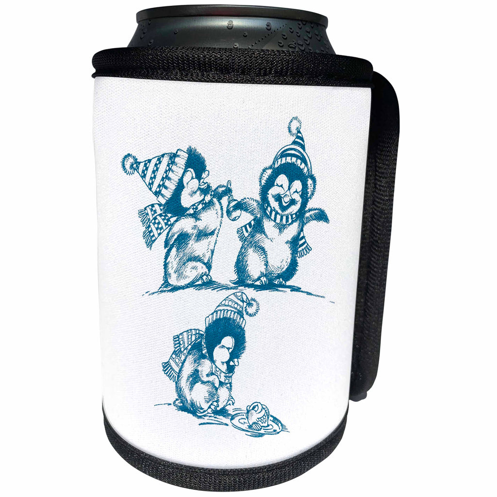 3dRose Russ Billington Christmas Designs - Cute Christmas Baby Penguins Illustration in Blue - Can Cooler Bottle Wrap (cc_261729)