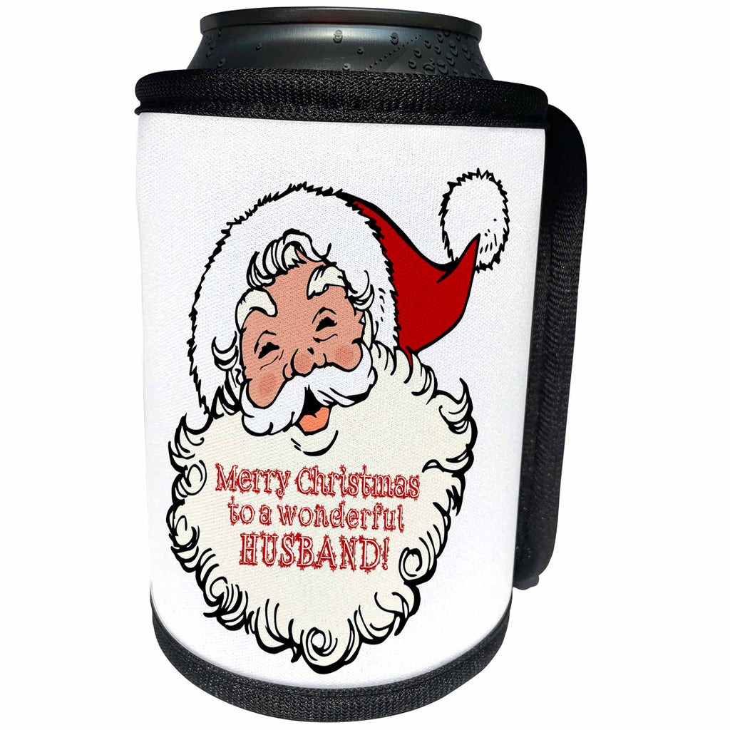 3dRose Russ Billington Christmas Designs - Merry Christmas to A Wonderful Husband- Funny Laughing Santa Design - Can Cooler Bottle Wrap (cc_261774)