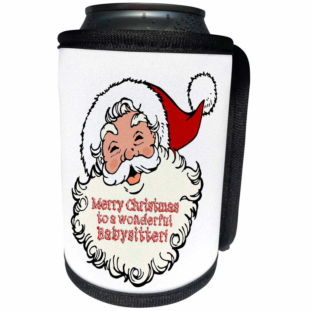 3dRose Russ Billington Christmas Designs - Merry Christmas to A Wonderful Babysitter- Funny Laughing Santa Design - Can Cooler Bottle Wrap (cc_261781)