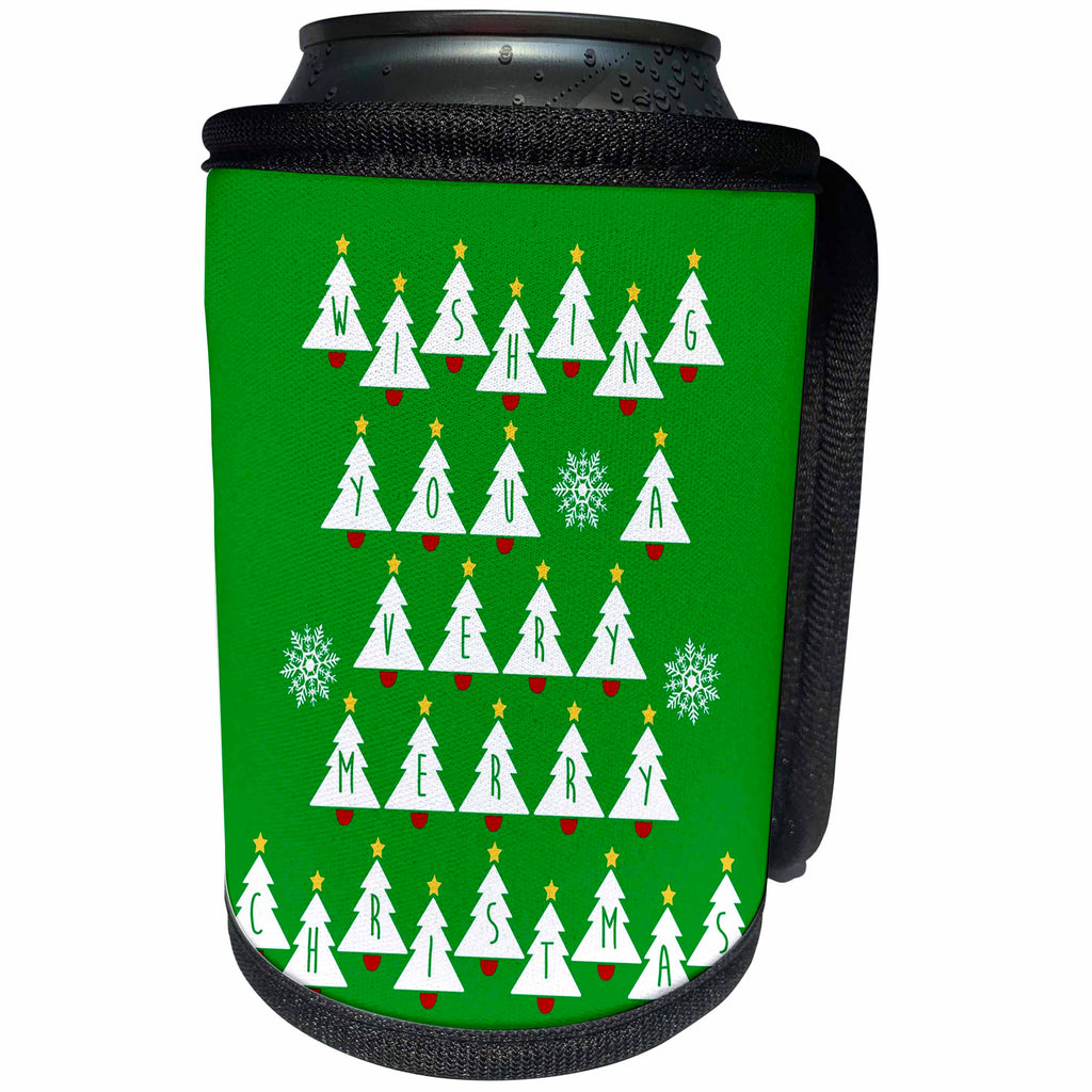 3dRose Russ Billington Christmas Designs - Christmas Trees- Wishing You a Very Merry Christmas- White on Green - Can Cooler Bottle Wrap (cc_261789)
