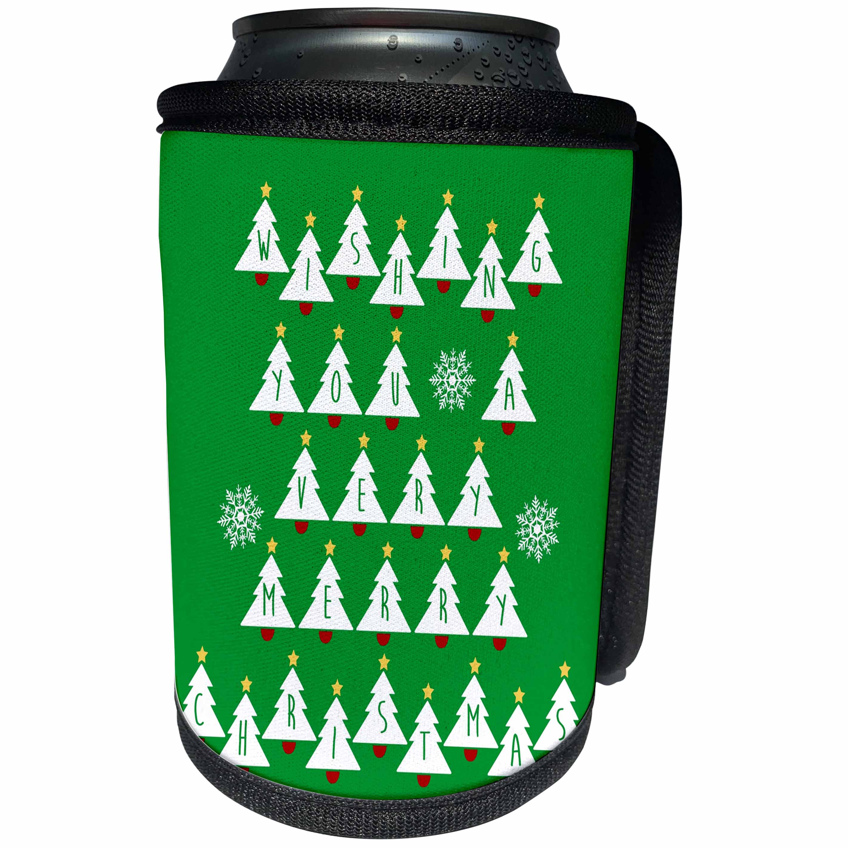 3dRose Russ Billington Christmas Designs - Christmas Trees- Wishing You a Very Merry Christmas- White on Green - Can Cooler Bottle Wrap (cc_261789)
