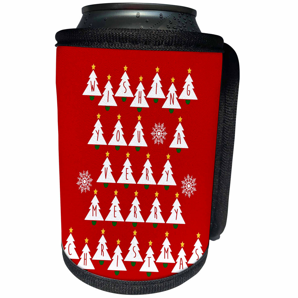 3dRose Russ Billington Christmas Designs - Christmas Trees- Wishing You a Very Merry Christmas- White on Red - Can Cooler Bottle Wrap (cc_261790)