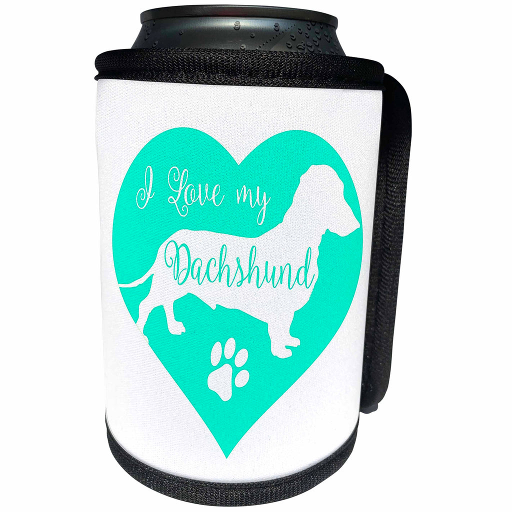 3dRose Russ Billington Designs - I love my Dachshund- Cute Dachshund with paw print in Turquoise - Can Cooler Bottle Wrap (cc_261805)