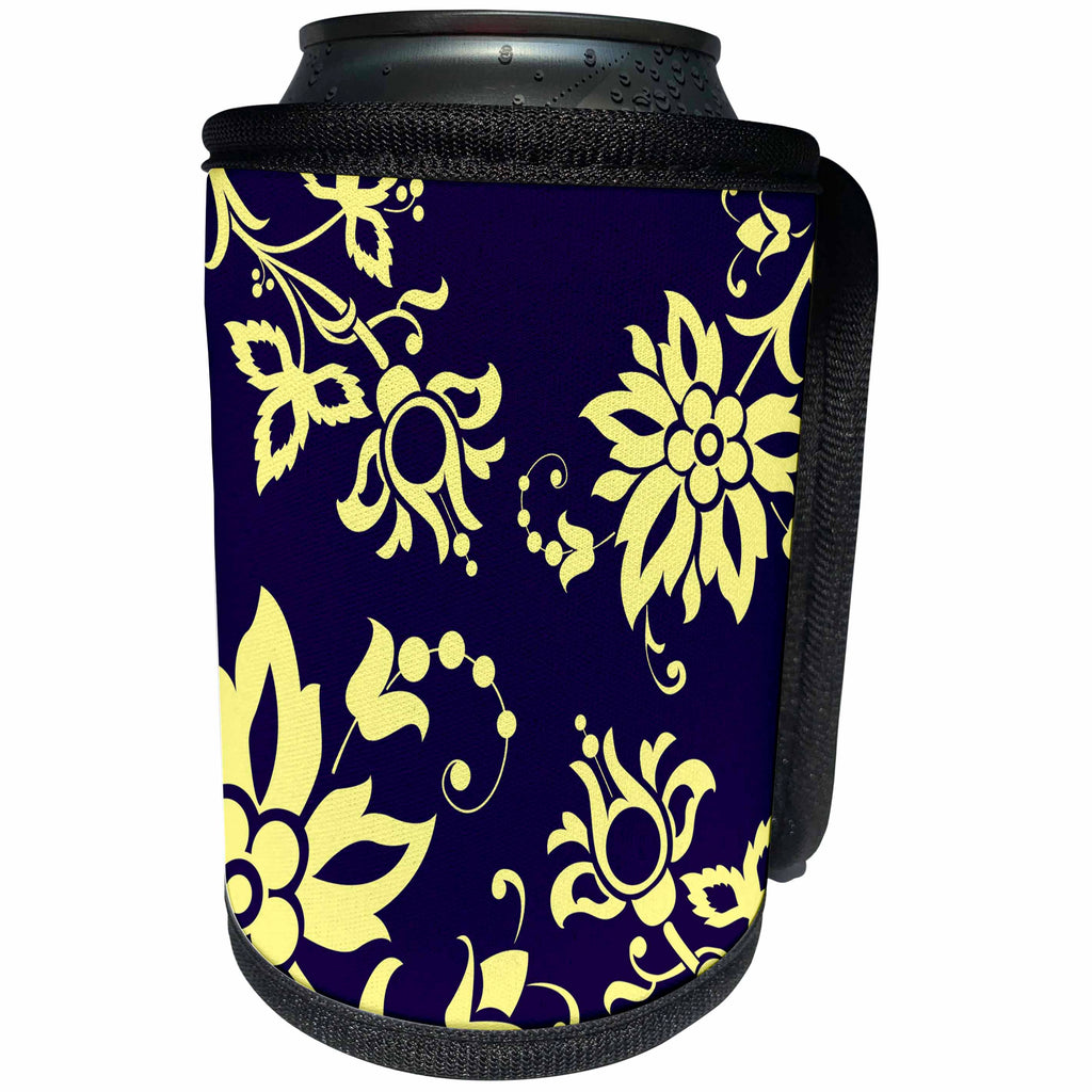 3dRose Russ Billington Patterns - Stylised Flowers and Swirls in Yellow on Navy Blue - Can Cooler Bottle Wrap (cc_261923)