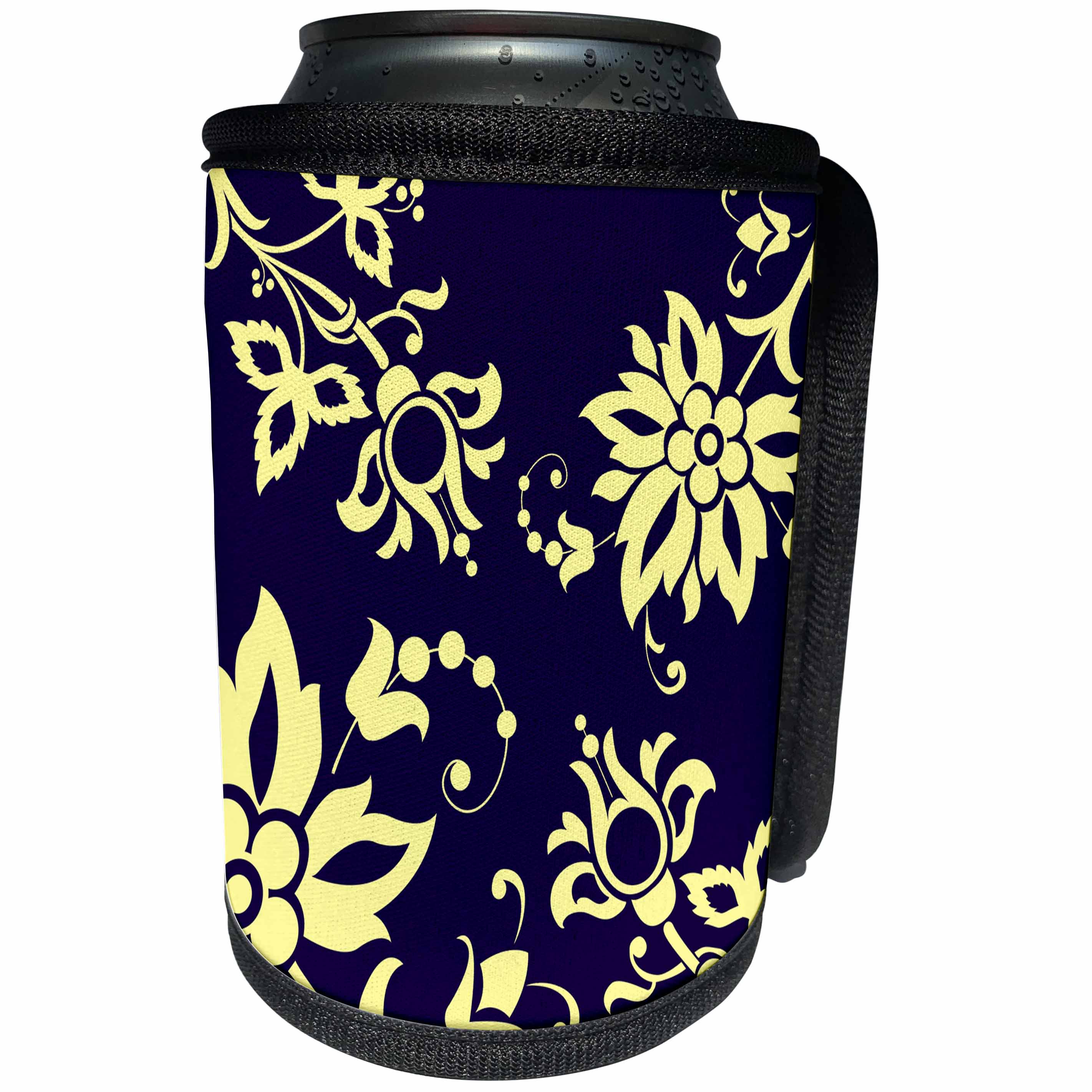 3dRose Russ Billington Patterns - Stylised Flowers and Swirls in Yellow on Navy Blue - Can Cooler Bottle Wrap (cc_261923)