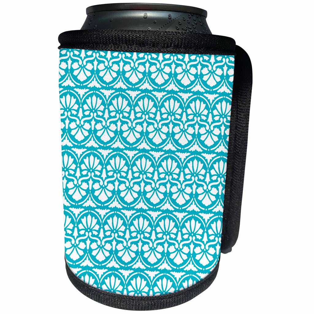 3dRose Russ Billington Patterns - Pretty Blue and White Stylised Floral Pattern - Can Cooler Bottle Wrap (cc_261925)