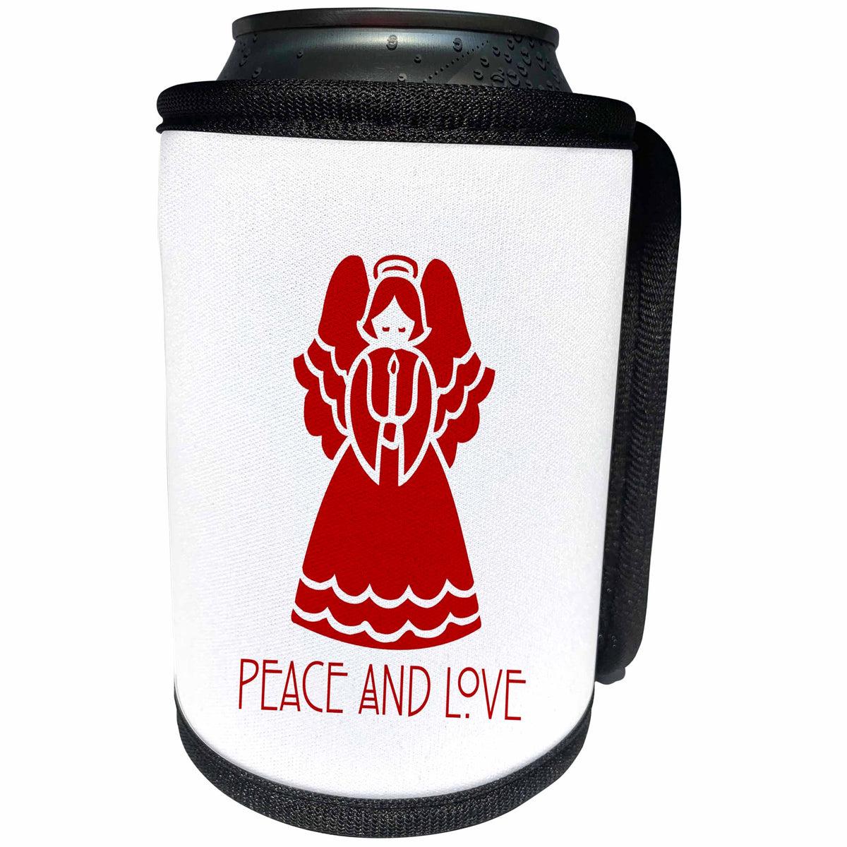 3dRose Russ Billington Christmas Designs - Peace and Love- Angel holding Candle design in Red on White - Can Cooler Bottle Wrap (cc_261928)