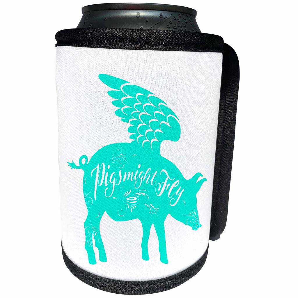 3dRose Russ Billington Designs - Pigs Might Fly Design in Blue and White - Can Cooler Bottle Wrap (cc_261954)