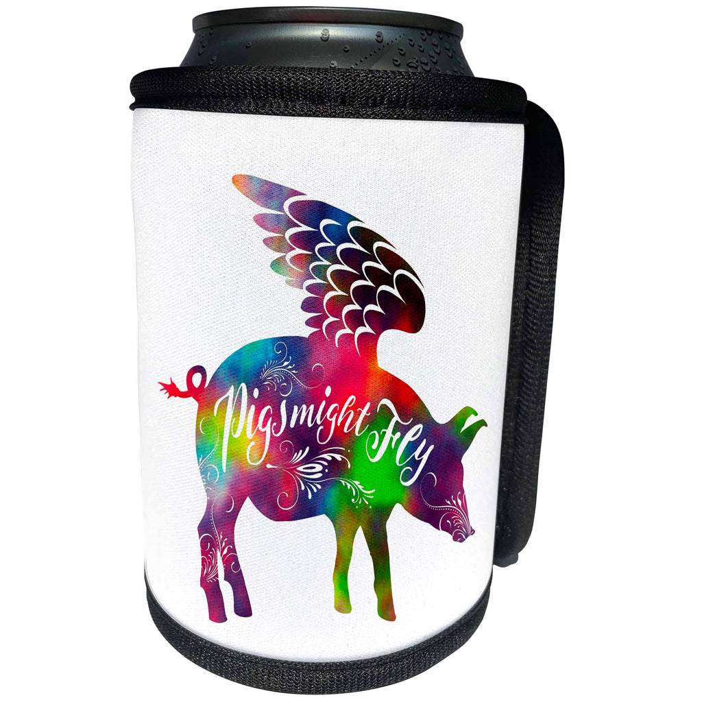 3dRose Russ Billington Designs - Pigs Might Fly Design in Rainbow Colors - Can Cooler Bottle Wrap (cc_261955)