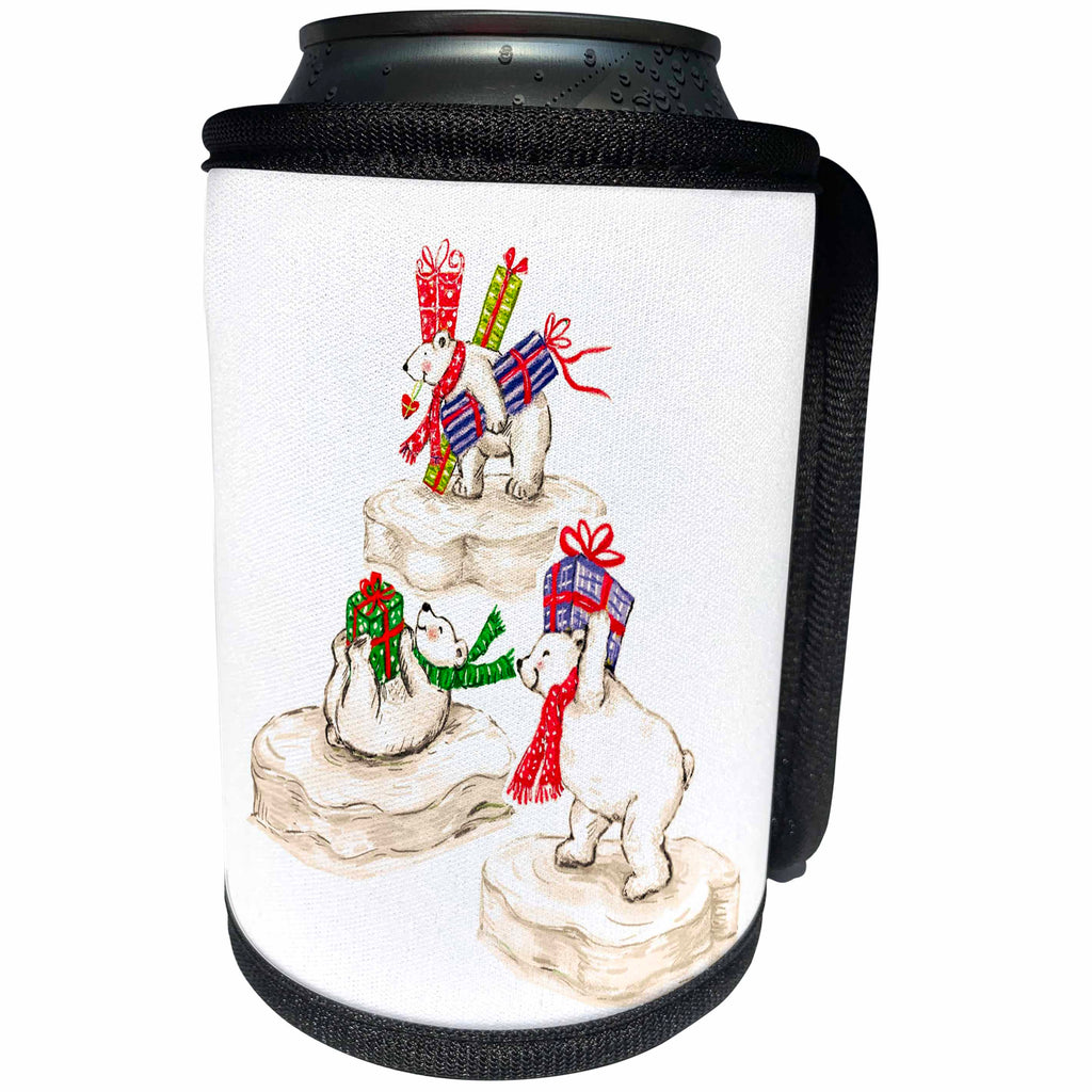 3dRose Russ Billington Christmas Designs - Cute Polar Bears Playing on Ice - Can Cooler Bottle Wrap (cc_261956)