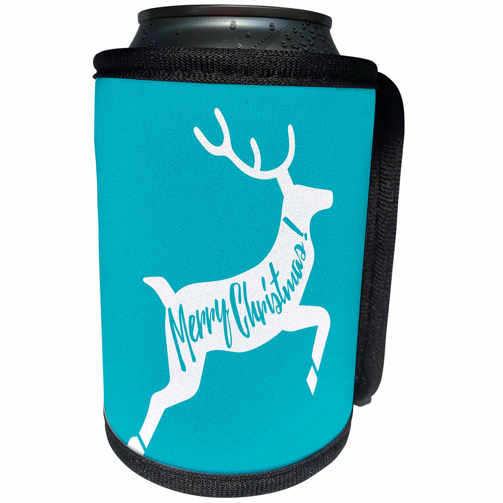 3dRose Russ Billington Christmas Designs - Leaping Reindeer design with text Merry Christmas in Blue and White - Can Cooler Bottle Wrap (cc_261968)