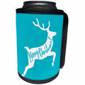 3dRose Russ Billington Christmas Designs - Leaping Reindeer design with text Merry Christmas in Blue and White - Can Cooler Bottle Wrap (cc_261968)