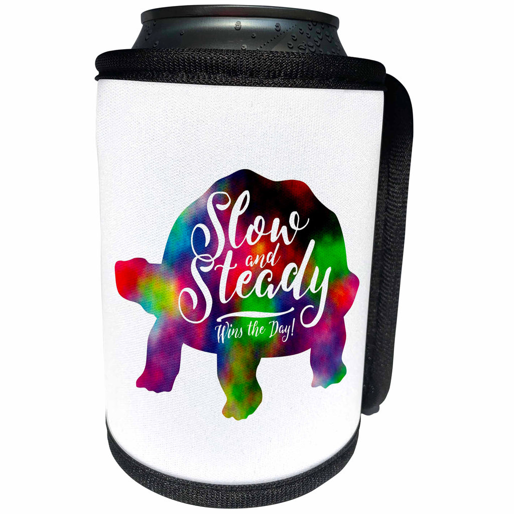 3dRose Russ Billington Designs - Slow and Steady Wins The Day- Colorful Rainbow Tortoise Design - Can Cooler Bottle Wrap (cc_261979)