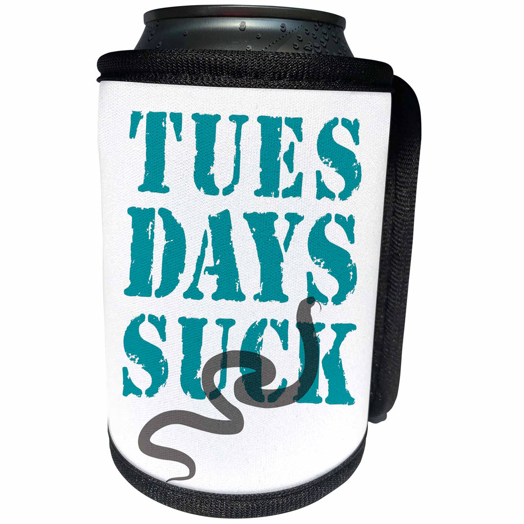 3dRose Russ Billington Designs - TUESDAYS SUCK- Typography with Snake in Teal and Gray - Can Cooler Bottle Wrap (cc_261984)
