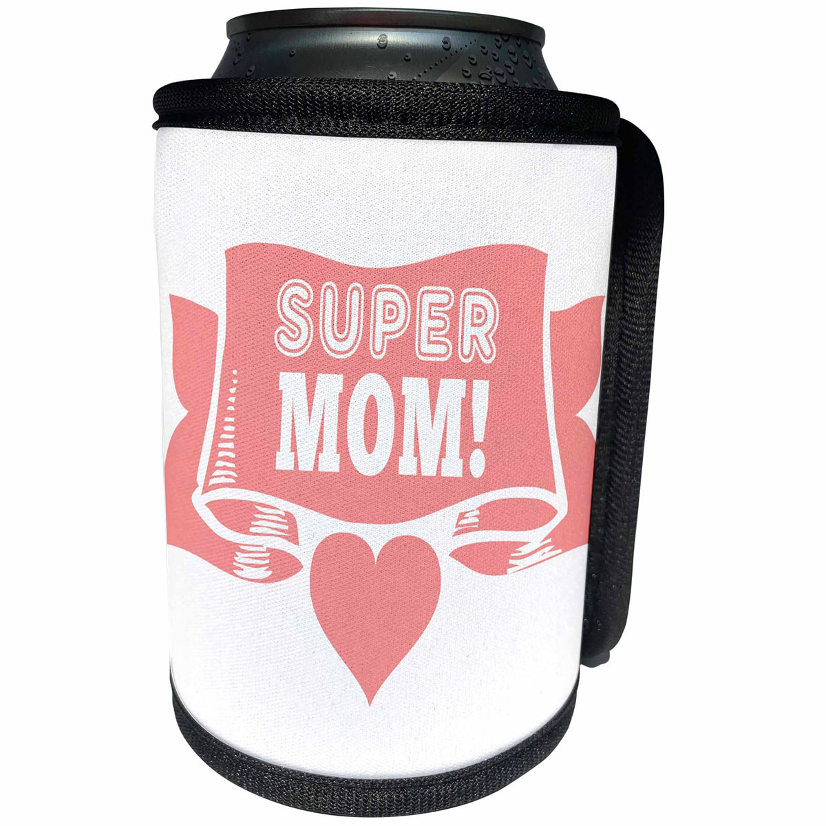 3dRose Russ Billington Designs - Super Mom- Scroll Design and Heart in Pink - Can Cooler Bottle Wrap (cc_261990)