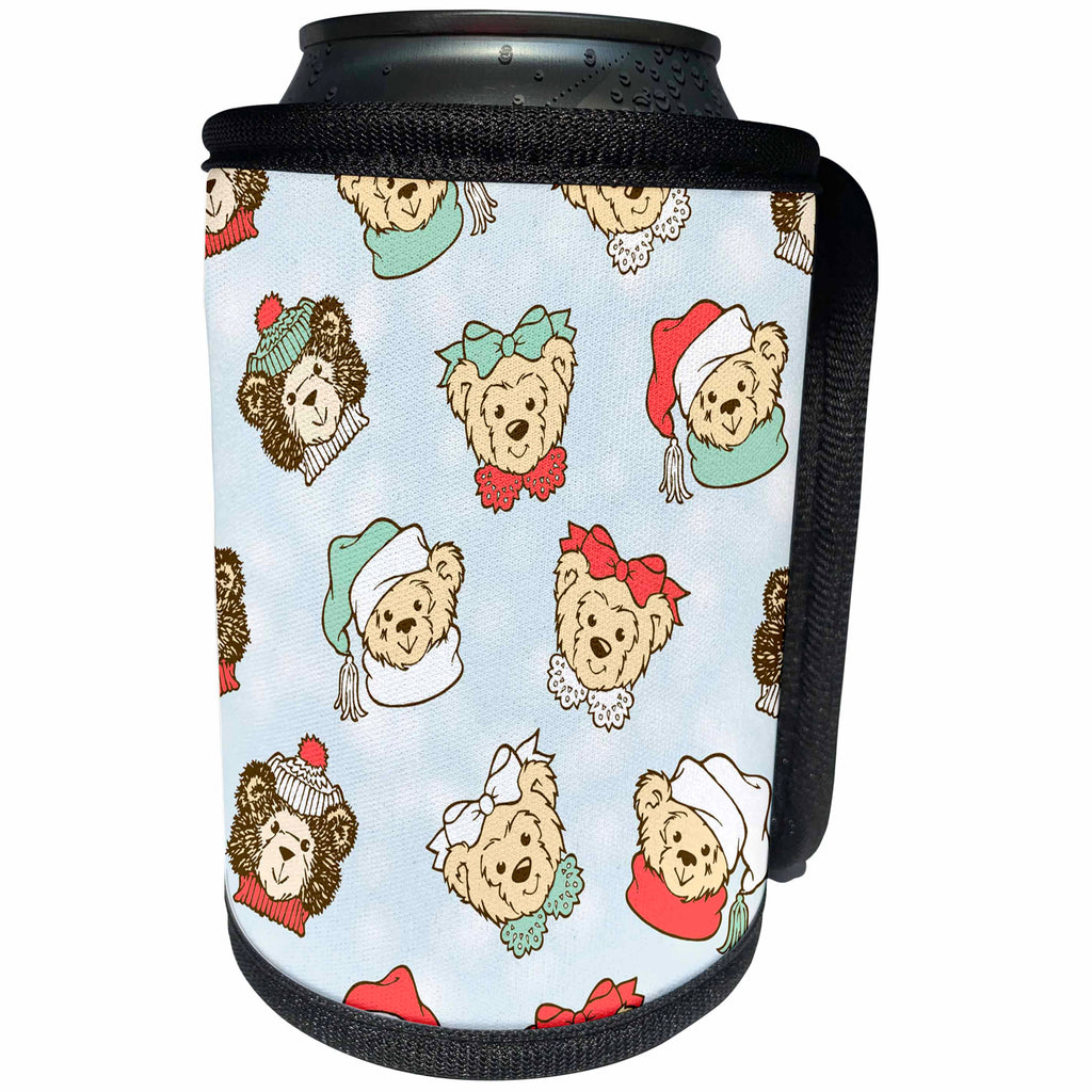 3dRose Russ Billington Patterns - Cute Teddy Bear Wallpaper Pattern on Cloudy Blue Background - Can Cooler Bottle Wrap (cc_261994)
