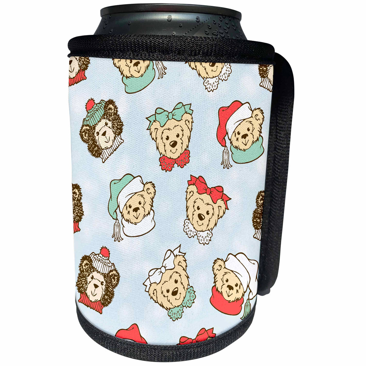 3dRose Russ Billington Patterns - Cute Teddy Bear Wallpaper Pattern on Cloudy Blue Background - Can Cooler Bottle Wrap (cc_261994)
