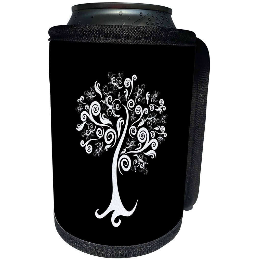 3dRose Russ Billington Designs - Elegant Black and White Swirly Tree Design - Can Cooler Bottle Wrap (cc_262001)