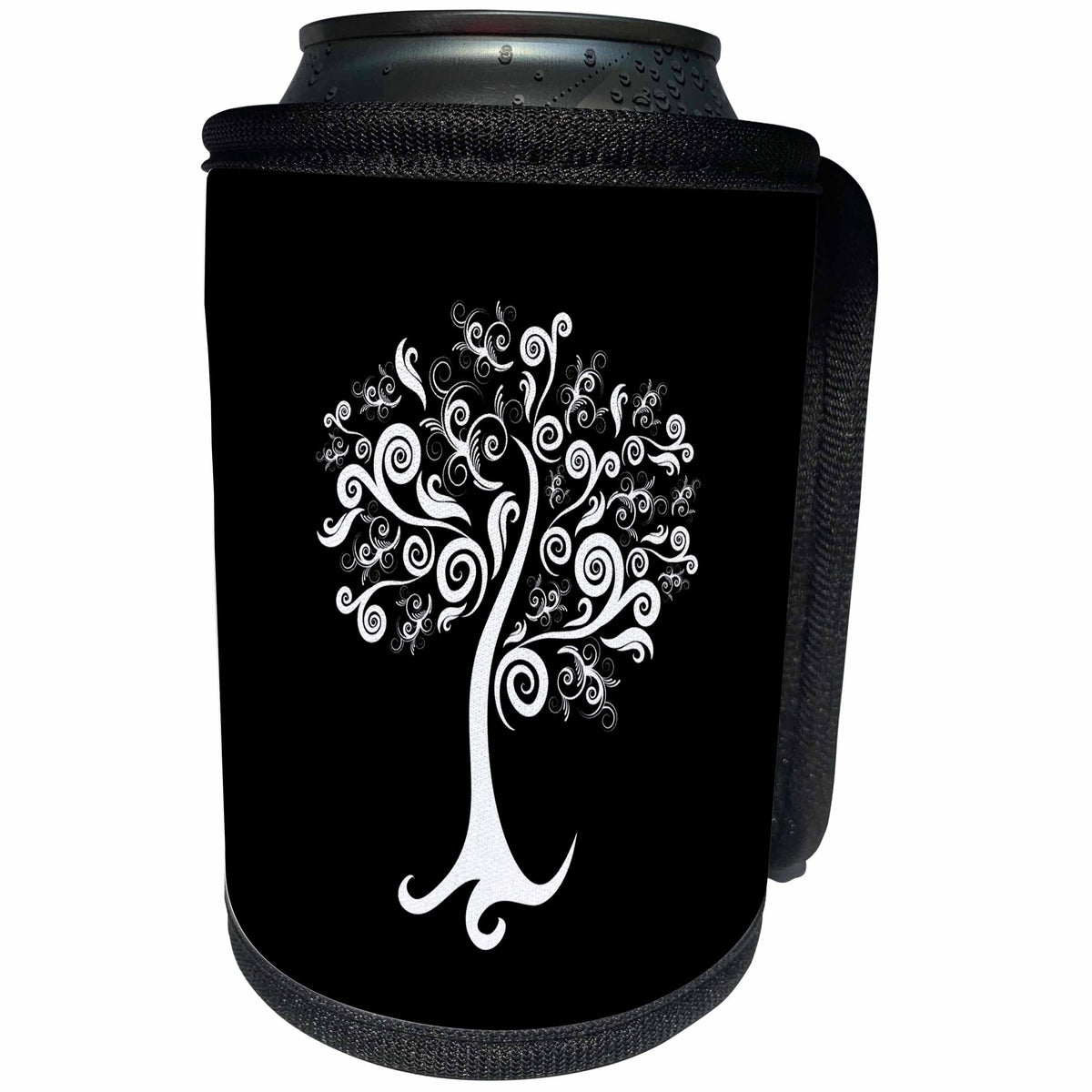 3dRose Russ Billington Designs - Elegant Black and White Swirly Tree Design - Can Cooler Bottle Wrap (cc_262001)