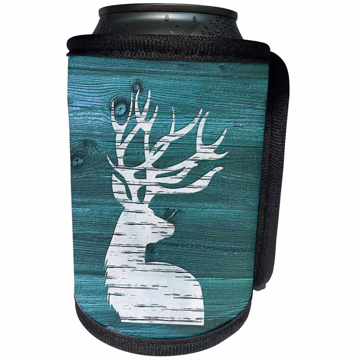 3dRose Russ Billington Designs - White Painted Stag with Antlers on Blue Weatherboard- Not Real Wood - Can Cooler Bottle Wrap (cc_262013)