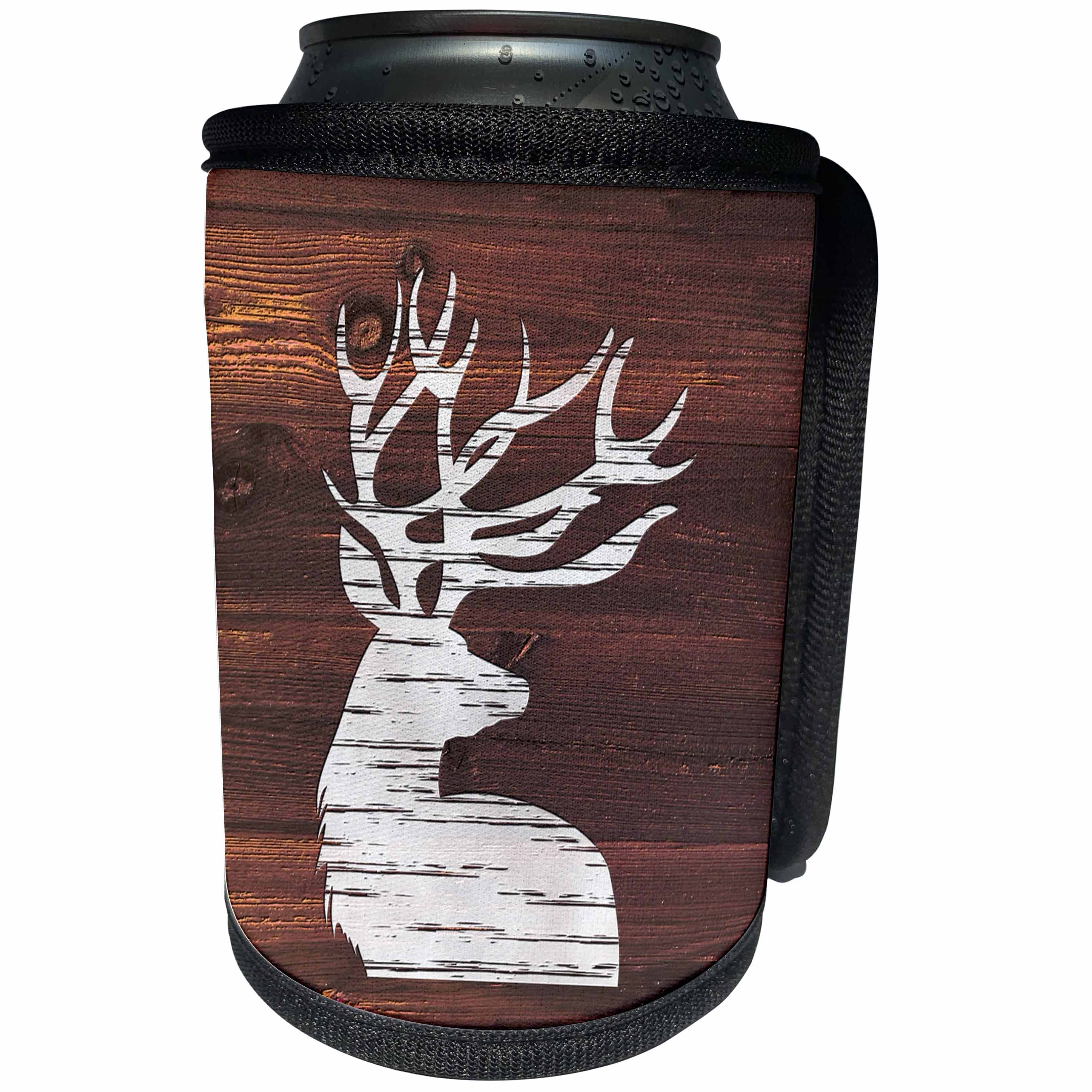3dRose Russ Billington Designs - White Painted Stag with Antlers on Brown Weatherboard- Not Real Wood - Can Cooler Bottle Wrap (cc_262014)
