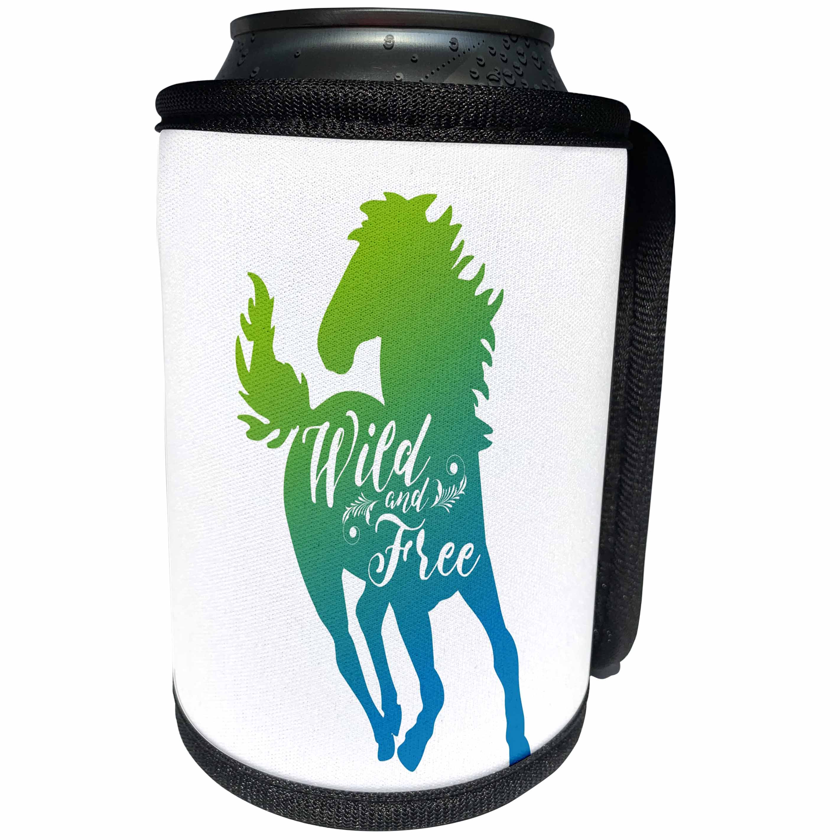 3dRose Russ Billington Designs - Wild and Free- Running Horse Design in Green and Blue - Can Cooler Bottle Wrap (cc_262023)