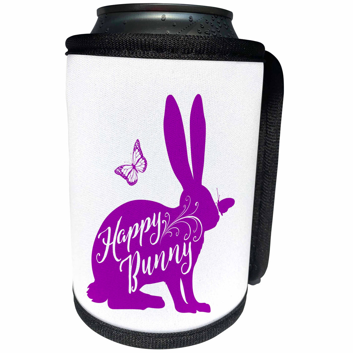 3dRose Russ Billington Designs - Happy Bunny- Cute Bunny with Butterflies in Purple and White - Can Cooler Bottle Wrap (cc_262044)