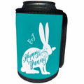 3dRose Russ Billington Designs - Happy Bunny- Cute Bunny with Butterflies in White on Blue - Can Cooler Bottle Wrap (cc_262046)