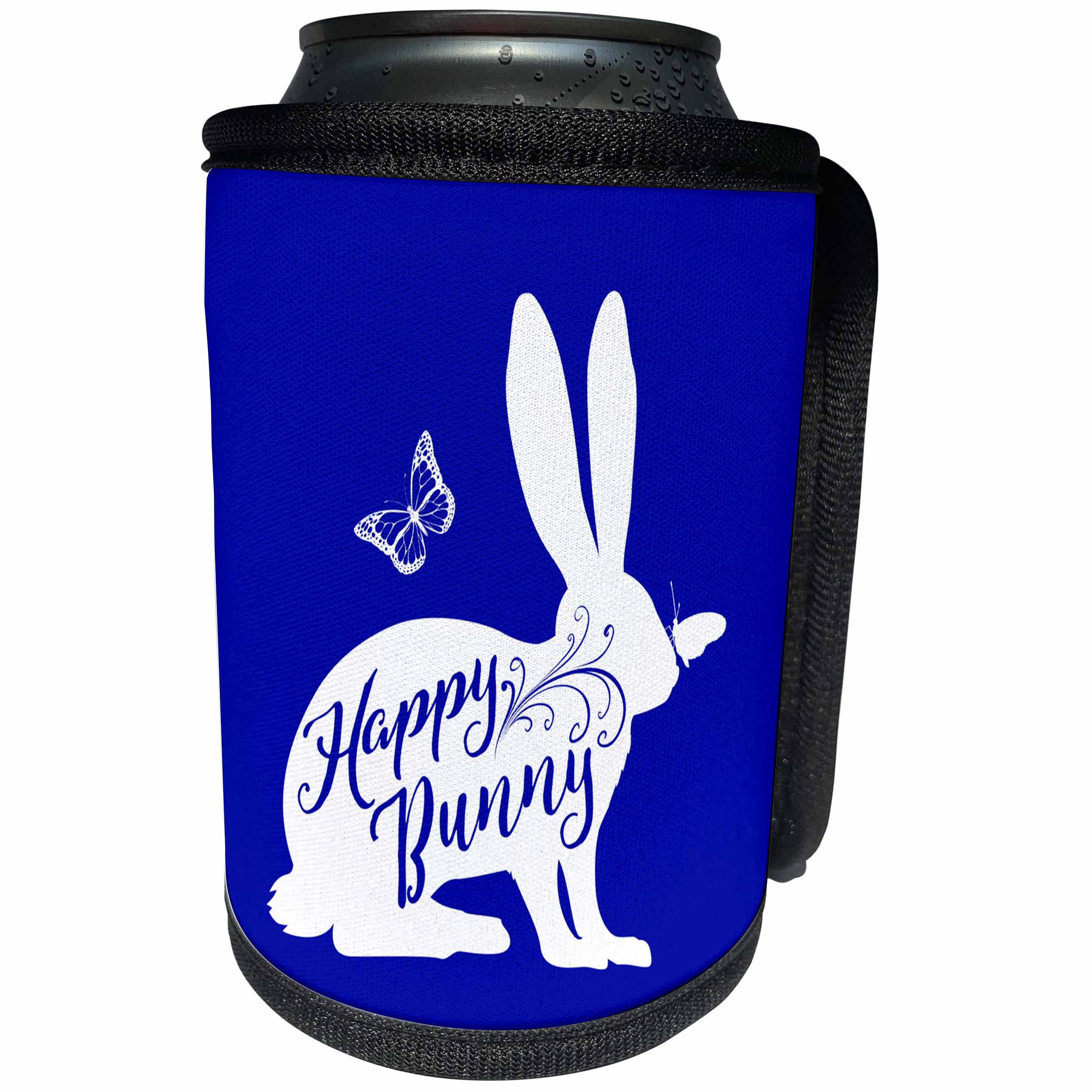 3dRose Russ Billington Designs - Happy Bunny- Cute Bunny with Butterflies in White on Royal Blue - Can Cooler Bottle Wrap (cc_262047)
